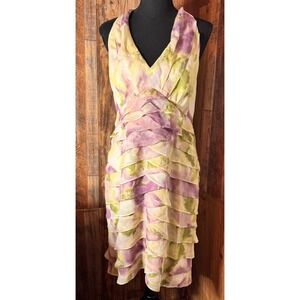 JS Collections Dress Size 12 Purple Green Yellow Floral Halter Sleeveless Tiered